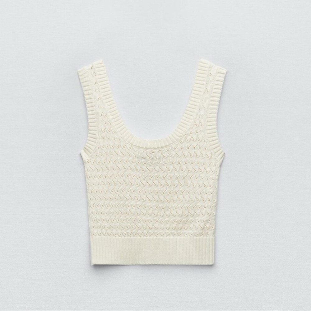 Zara Pointelle Knit Top XS Beige Like New